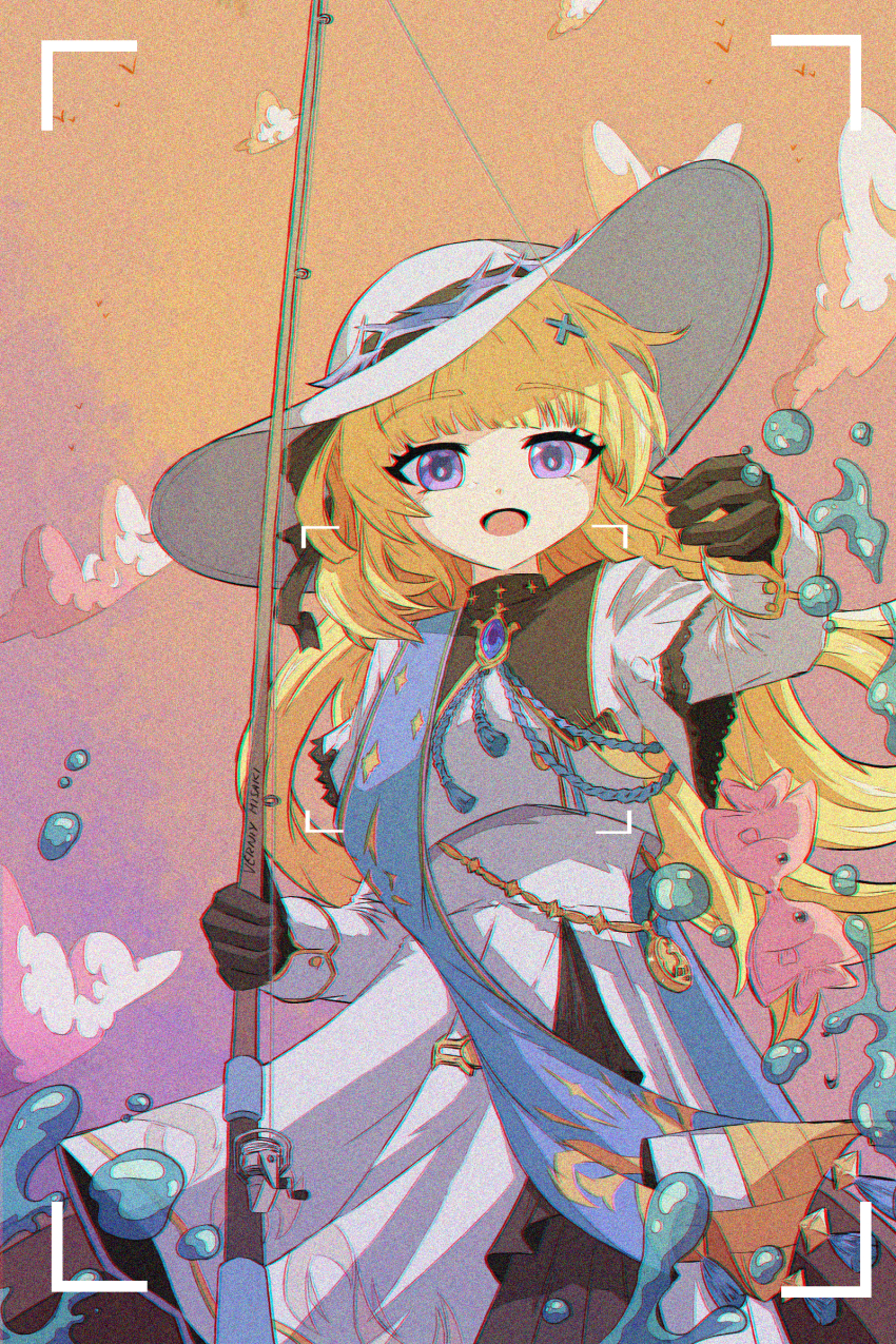 1girl absurdres black_collar black_gloves blonde_hair blue_gemstone blue_sash chromatic_aberration collar commentary cowboy_shot english_commentary film_grain fish fishing_rod gem gloves hair_ornament hat heavy_film_grain highres holding holding_fishing_rod jewelry long_hair long_sleeves open_mouth phoebe_(wuthering_waves) purple_eyes sash shirt skirt smile solo verniy_misaki viewfinder white_hat white_shirt white_skirt wuthering_waves x_hair_ornament