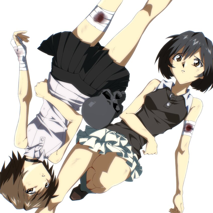 2girls arm_across_waist bandaged_arm bandaged_hand bandaged_leg bandages black_choker black_hair black_shirt black_skirt black_skull blood bloody_bandages boots breasts brown_boots brown_eyes brown_hair choker collared_shirt frilled_skirt frills highres knee_up looking_at_viewer lying miko_heb multiple_girls on_back original parted_lips pleated_skirt raised_inner_eyebrows rotational_symmetry shirt short_hair simple_background skirt skull sleeveless sleeveless_shirt white_background white_shirt white_skirt