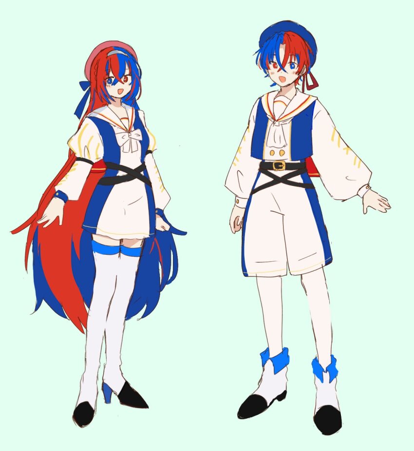 1boy 1girl alear_(female)_(fire_emblem) alear_(fire_emblem) alear_(male)_(fire_emblem) alternate_costume blue_eyes dress fire_emblem fire_emblem_engage hat heterochromia highres ichgomi long_hair long_sleeves multicolored_hair nintendo open_mouth red_eyes ribbon sailor_collar short_hair shorts simple_background smile standing thighhighs two-tone_hair very_long_hair