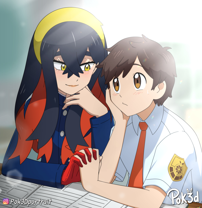 1boy 1girl absurdres black_hair blue_jacket book brown_hair buttons carmine_(pokemon) collared_shirt commission crossed_bangs florian_(pokemon) gloves hair_between_eyes hairband hetero highres holding_hands jacket logo long_hair long_sleeves mixed-language_commentary necktie nintendo orange_necktie pok3d pokemon pokemon_sv red_gloves school_uniform shirt short_hair sidelocks yellow_eyes yellow_hairband