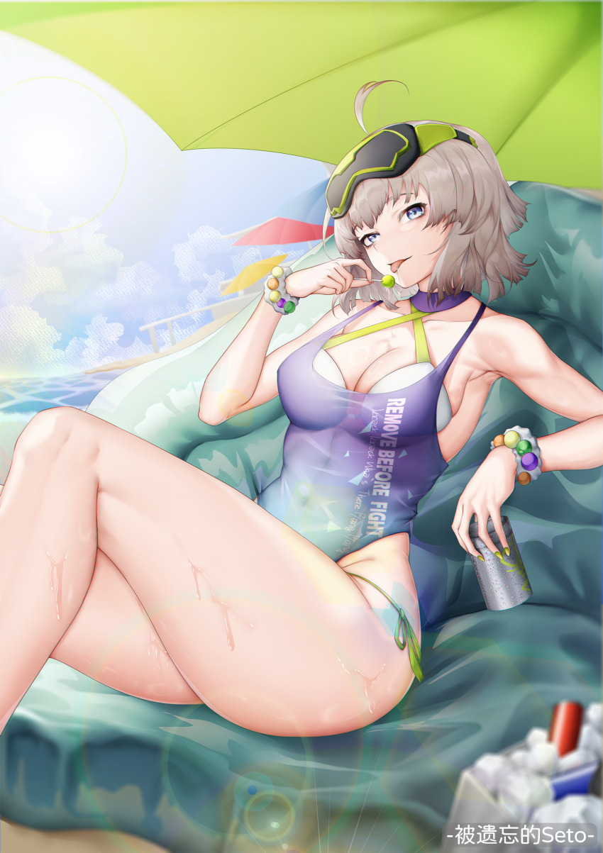 1girl aa-12_(girls&#039;_frontline) aa-12_(the_sun_never_rises)_(girls&#039;_frontline) absurdres bare_shoulders beach bikini bikini_under_clothes blue_eyes blush breasts brown_hair candy cleavage day food girls&#039;_frontline girls&#039;_frontline_2:_exilium green_nails hair_between_eyes hand_up highres holding holding_candy holding_food holding_lollipop knees_up licking_food lind_(girls&#039;_frontline_2) lollipop looking_at_viewer medium_breasts medium_hair official_alternate_costume one-piece_swimsuit outdoors side-tie_bikini_bottom sitting solo swimsuit thatob thighs tongue tongue_out wet white_bikini