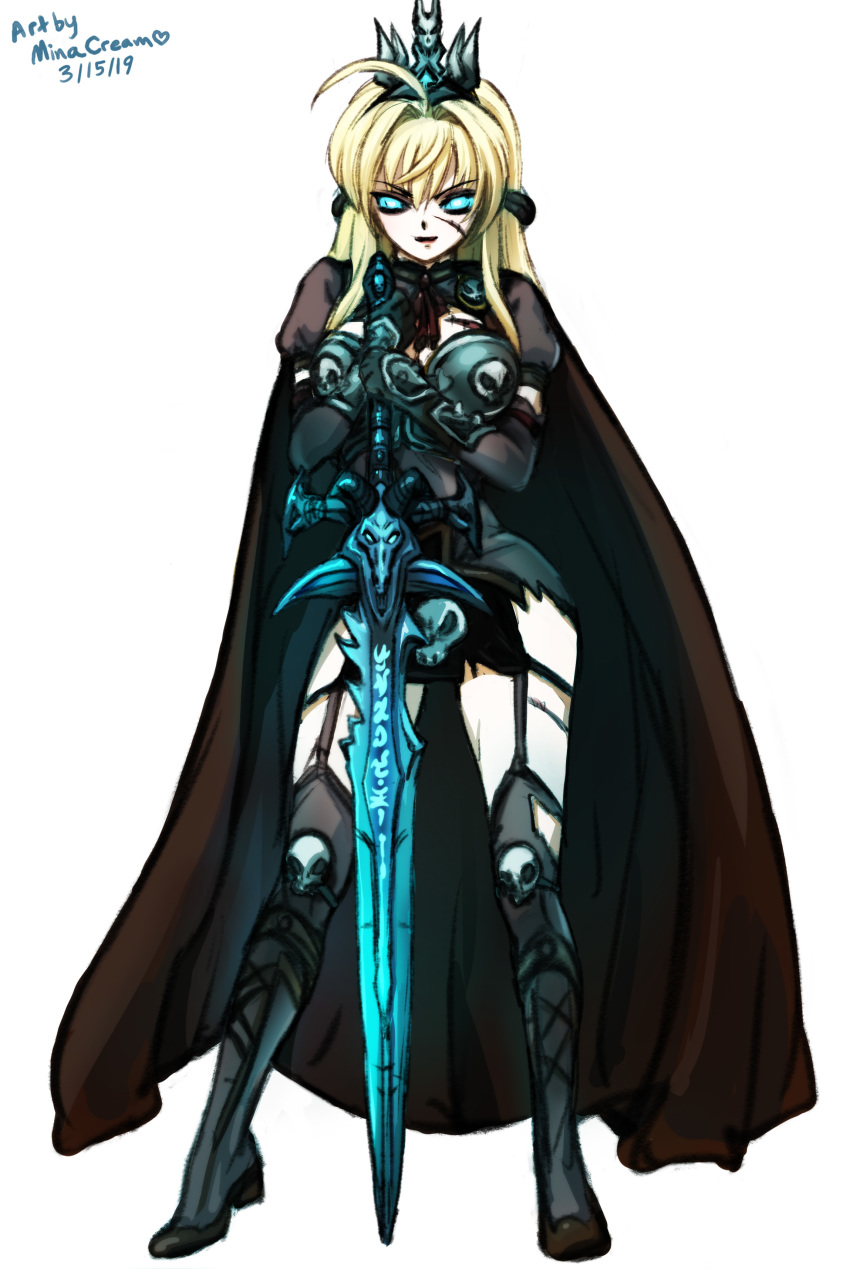 1girl absurdres black_theme blonde_hair blue_eyes boots breasts cape cloak commission crossover crown cuts damage frostmourne gloves glowing glowing_eyes highres inda_no_himekishi_jeanne injury jeanne_grenoble looking_at_viewer mina_cream pale_skin resting skull socks thighs undead warcraft world_of_warcraft