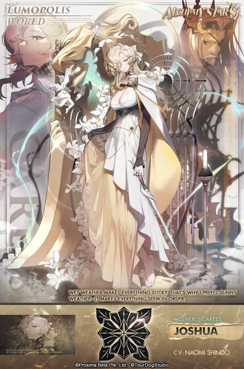 alchemy_stars angel barefoot blonde_hair breasts cape choker cleavage dress english_text eyepatch flower hair_over_one_eye highres joshua_(alchemy_stars) large_breasts official_art promotional_art schwartz_(alchemy_stars)