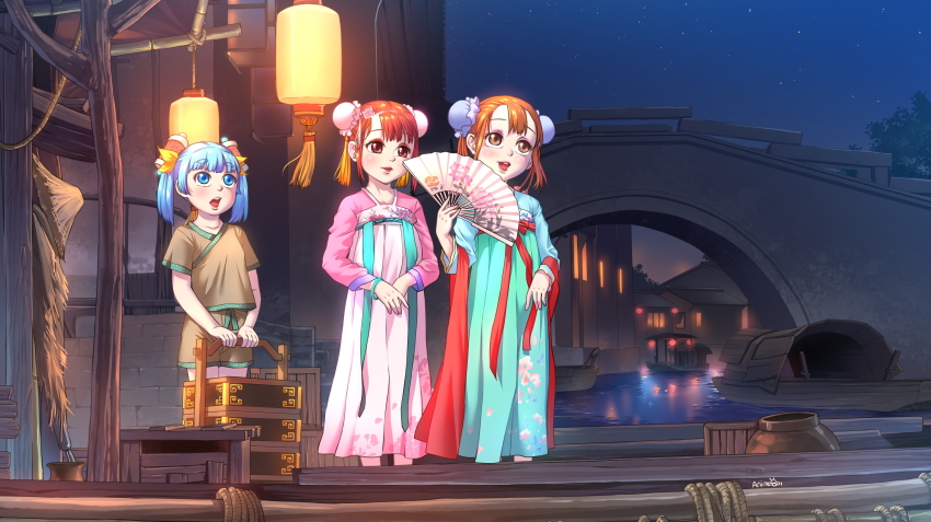 3girls a-801 acfun acfun_girl arch_bridge blue_eyes blue_hair boat bridge building character_request child chinese_clothes double_bun dress facing_viewer folding_fan hair_bun hair_ornament hair_ribbon hand_fan hanfu highres lantern mid-autumn_festival multiple_girls night open_mouth orange_eyes orange_hair qixiong_ruqun red_eyes red_hair ribbon short_hair short_twintails signature sky standing star_(sky) starry_sky td_girl tsukimi twintails water watercraft