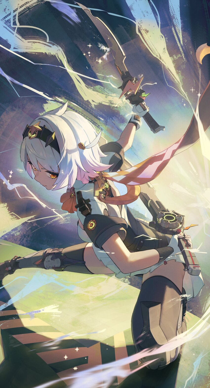 1girl absurdres anby_demara anby_demara_(silver_soldier) ascot black_boots black_hairband boots braided_sidelocks burger_hair_ornament closed_mouth dual_wielding fingerless_gloves food-themed_hair_ornament gloves grey_hair hair_ornament hairband highres holding holding_sword holding_weapon odd_(hin_yari) official_alternate_costume orange_ascot orange_eyes short_hair sword weapon white_gloves zenless_zone_zero