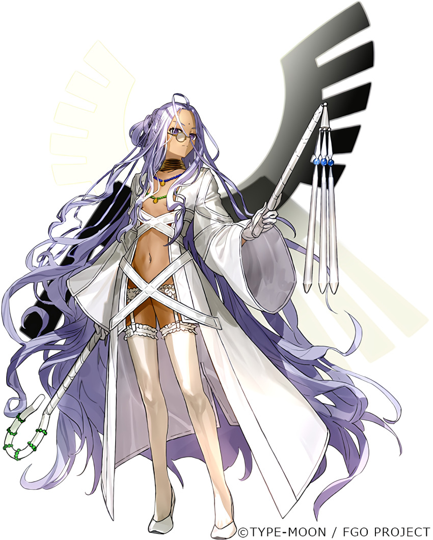1girl ahoge breasts closed_mouth coat collarbone commentary dark-skinned_female dark_skin expressionless facial_mark fate/grand_order fate_(series) forehead forehead_mark full_body glasses gloves half_gloves highres lab_coat long_hair looking_at_viewer official_art open_clothes open_coat purple_eyes purple_hair rani_viii small_breasts solo twitter_username underwear very_long_hair wada_arco white_gloves wings