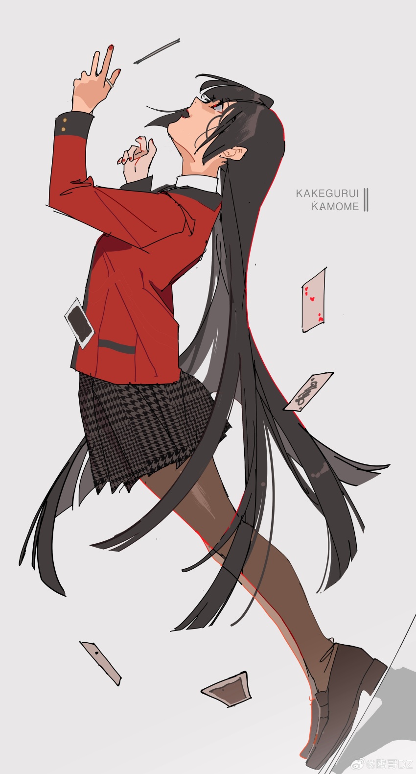 1girl absurdres ace_(playing_card) ace_of_hearts between_fingers black_eyes black_hair black_skirt black_sleeve_cuffs blazer blunt_ends bright_pupils brown_pantyhose brown_shoes buttons card cigarette collared_jacket collared_shirt copyright_name dutch_angle floating_card from_side full_body grey_background heart highres hime_cut holding holding_cigarette hyakkaou_academy_school_uniform jabami_yumeko jacket kakegurui lapels lipstick long_hair long_sleeves makeup miniskirt nail_polish ouge_dz pantyhose playing_card pleated_skirt pointy_nose red_jacket red_lips red_nails red_pupils school_uniform see-through_pantyhose shadow shirt shoes simple_background skirt solo straight_hair unmoving_pattern uwabaki very_long_hair white_shirt
