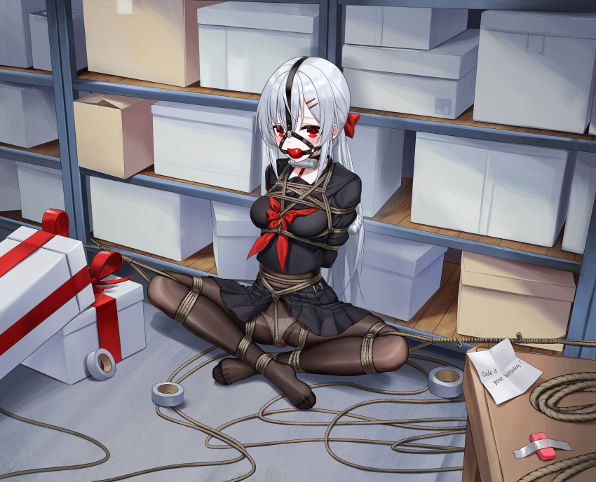 1girl absurdres arms_behind_back ball_gag bdsm bicycle_lock black_pantyhose black_serafuku bondage bound bound_ankles bound_arms bound_breasts bound_legs bound_torso breast_bondage controller crotch_rope dildo dildo_harness drooling female_focus forced_orgasm frogtie gag gag_harness gagged grey_hair groin highres indoors kumachi_(aikawaakeya) lock long_hair medium_hair neckerchief object_insertion original panties panties_under_pantyhose pantyhose pleated_skirt red_eyes red_neckerchief red_ribbon remote_control remote_control_vibrator ribbon rope sailor_collar saliva saliva_trail school_uniform serafuku sex_toy shibari shibari_over_clothes sitting skindentation skirt solo tape taped_hands underwear vaginal vaginal_object_insertion variant_set very_long_hair vibrator white_panties