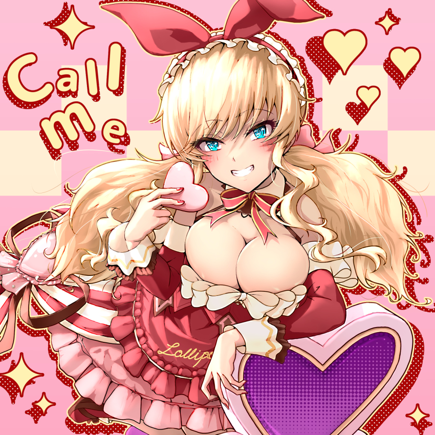 1girl arm_rest blonde_hair blue_eyes blush breasts checkered_background cleavage commentary_request fingernails frilled_hairband frills grin hairband heart highres hitofudegaki_usagi idolmaster idolmaster_cinderella_girls large_breasts long_hair looking_at_viewer nail_polish neck_ribbon ohtsuki_yui pink_skirt red_shirt ribbon shirt skirt smile solo sparkle standing standing_on_one_leg twintails very_long_hair