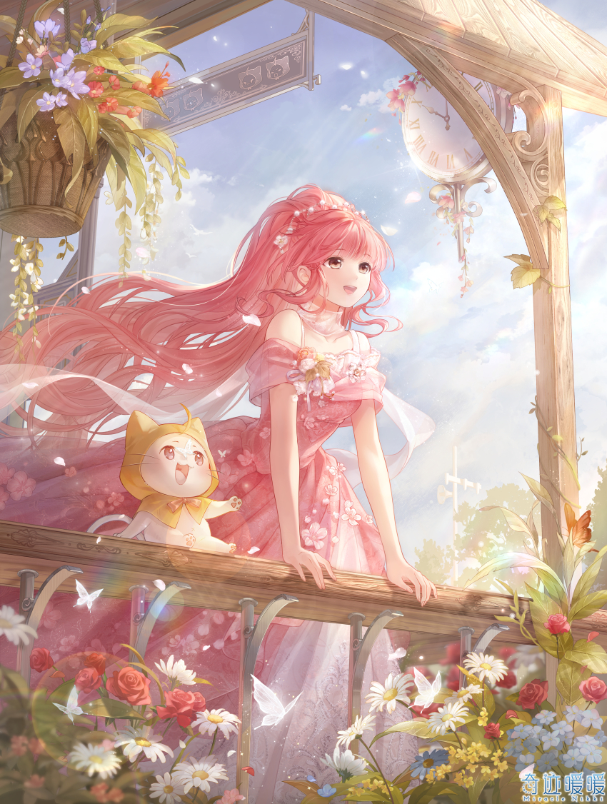 1girl absurdres ahoge analog_clock animal artist_request bare_arms bare_shoulders beads blue_flower blue_sky blunt_bangs bow bowtie bra_strap bug butterfly cat cherry_blossoms chinese_commentary cloak clock clothed_animal cloud commentary_request copyright_name daisy day dress dress_flower ear_covers feet_out_of_frame floating_clothes floating_hair flower flower_brooch gown hair_beads hair_flower hair_ornament hanging_plant happy highres hood hood_up hooded_cloak insect layered_dress light_particles light_rays logo long_dress long_hair looking_ahead looking_at_another miracle_nikki momo_(nikki) nikki_(nikki) nikki_(series) off-shoulder_dress off_shoulder official_art on_railing orange_bow orange_bowtie orange_butterfly outdoors outstretched_arm pawpads petals pink_dress pink_flower pink_hair purple_flower railing rainbow red_flower red_rose rose scarf second-party_source see-through_scarf sidelocks sign sitting sky spring_(season) sunlight train_station tree tulip very_long_hair wavy_hair whiskers white_butterfly white_cat white_dress white_flower white_scarf wind yellow_cloak
