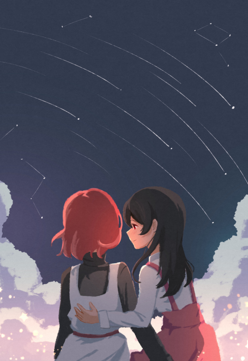 2girls absurdres black_hair black_shirt blush closed_mouth cloud commentary constellation constellation_request dress hair_down highres long_hair love_live! love_live!_school_idol_project multiple_girls nishikino_maki pinafore_dress red_eyes red_hair red_skirt risai shirt short_hair skirt sleeveless sleeveless_dress star_trail suspender_skirt suspenders turtleneck turtleneck_shirt upper_body white_dress white_shirt yazawa_nico yuri