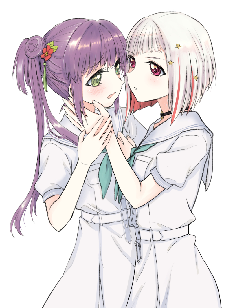 2girls aegis_zan aqua_neckerchief black_choker blush bob_cut breast_pocket choker colored_inner_hair commentary cowboy_shot dress eye_contact flower green_eyes hair_bun hair_flower hair_ornament hair_over_shoulder hasu_no_sora_school_uniform highres inverted_bob link!_like!_love_live! looking_at_another love_live! multicolored_hair multiple_girls neckerchief o-ring o-ring_choker otomune_kozue parted_lips peanut_mouth pleated_dress pocket puffy_short_sleeves puffy_sleeves purple_hair red_eyes red_flower sailor_collar sailor_dress school_uniform short_hair short_sleeves side_ponytail sidelocks simple_background single_side_bun star_(symbol) star_hair_ornament streaked_hair summer_uniform tassel tassel_hair_ornament textless_version virtual_youtuber white_background white_dress white_hair white_sailor_collar yugiri_tsuzuri yuri