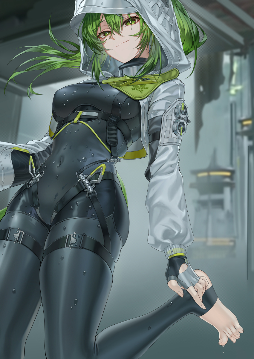 1girl absurdres arknights arknights:_endfield black_bodysuit black_gloves bodysuit breasts chinese_commentary closed_mouth commentary_request covered_navel endfield_industries_logo feet feet_out_of_frame fingerless_gloves fingernails fluorite_(arknights) gloves green_eyes green_hair hair_between_eyes hair_through_hood highres hood hooded_shrug impossible_bodysuit impossible_clothes leg_up long_fingernails long_hair long_sleeves looking_at_viewer medium_breasts multicolored_gloves no_shoes shrug_(clothing) snake_tail solo tail thighs two-tone_gloves water_drop wet wet_clothes white_gloves white_shrug xo_(xo17800108)