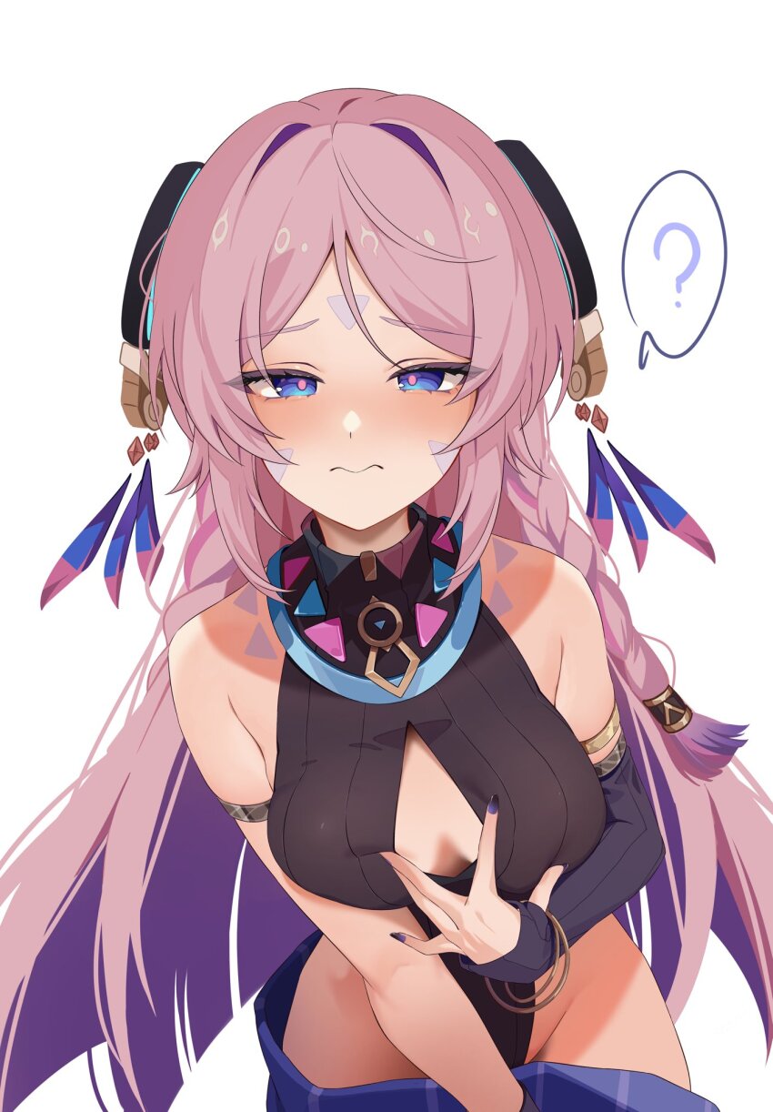 1girl ? armlet black_leotard black_nails black_sleeves blue_eyes blunt_tresses blush body_markings bracelet braid chobonu citlali_(genshin_impact) cleavage_cutout closed_mouth clothing_cutout colored_inner_hair crotch detached_sleeves embarrassed facial_mark feather_hair_ornament feathers genshin_impact gold gradient_hair hair_intakes hair_ornament hair_rings hair_tubes highleg highleg_leotard highres jewelry leotard long_hair multicolored_hair nail_polish partially_undressed pink_hair pink_pupils purple_hair purple_skirt sidelocks skirt skirt_tug sleeveless_turtleneck_leotard solo spoken_question_mark spread_cleavage triangle triangle_facial_mark triangle_print twin_braids white_background