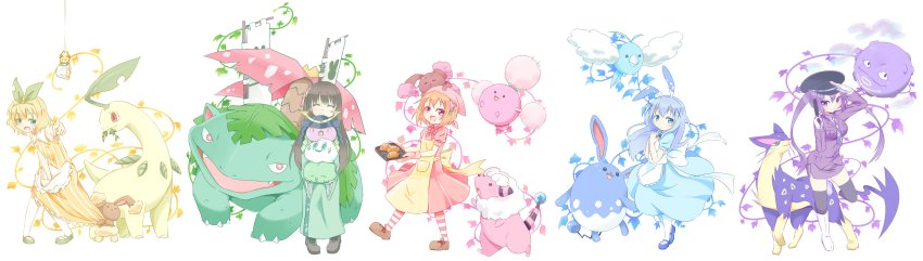 5girls :d absurdres alternate_color alternate_costume animal_ears apron aqua_eyes armor azumarill banner bare_shoulders bayleef black_hat black_legwear blonde_hair blue_dress blue_eyes blue_footwear blue_hair blunt_bangs blush boots bow bowtie bread breast_pocket breasts brown_footwear brown_hair buneary buttons closed_eyes closed_mouth collared_shirt commentary_request crossover dress dress_tug eating facing_viewer flaaffy flat_chest flower food foreshortening frilled_apron frills full_body gen_1_pokemon gen_2_pokemon gen_3_pokemon gen_4_pokemon gen_5_pokemon gloves gochuumon_wa_usagi_desu_ka? green_hairband green_kimono green_shoes gulpin gun hair_between_eyes hair_flower hair_ornament hairband hairclip hat headscarf helmet hetareeji highres holding holding_gun holding_poke_ball holding_weapon hoppip hoto_cocoa japanese_armor japanese_clothes joltik jumpluff kabuto_(helmet) kafuu_chino kimono kirima_syaro koffing liepard light_blue_hair loafers long_hair long_sleeves looking_at_viewer medium_breasts multiple_girls necktie nintendo on_head open_mouth orange_hair own_hands_together pantyhose peaked_cap pencil_skirt pink_dress pink_flower pink_neckwear plant pocket pointing pointing_at_viewer poke_ball pokemon pokemon_(creature) puffy_short_sleeves puffy_sleeves purple_eyes purple_hair purple_neckwear purple_skirt rabbit_ears salute sashimono shiny_pokemon shirt shoes short_hair short_sleeves sidelocks simple_background skirt sleeveless sleeveless_dress smile standing standing_on_one_leg striped_clothes striped_dress swablu sweatdrop tedeza_rize thighhighs tray tsurime twintails ujimatsu_chiya vanillite venusaur very_long_hair vines waist_apron weapon white_apron white_background white_footwear white_gloves white_legwear white_shirt wide_sleeves wing_collar x_hair_ornament yellow_apron yellow_dress