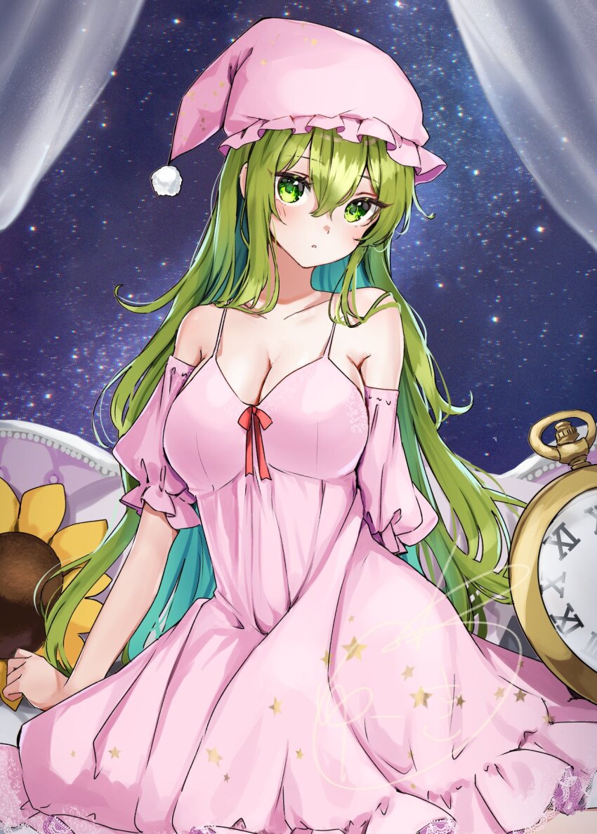 1girl artistic_error bare_shoulders breasts cleavage clock flower green_eyes green_hair hat highres kazami_yuuka kazami_yuuka_(pc-98) long_hair lotus_land_story nightcap nightgown shironeko_yuuki solo sunflower touhou touhou_(pc-98) wrong_hand