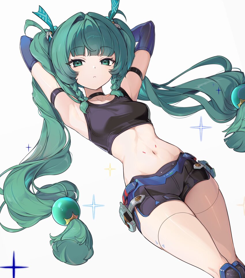 1girl absurdres android armlet armpits arms_behind_head black_choker black_shorts black_tank_top blunt_bangs blush boy_o braid braided_sidelock breasts choker closed_mouth crop_top green_eyes green_hair hair_intakes hair_ribbon highres jewelry loli long_hair looking_at_viewer lying navel on_back qingyi_(zenless_zone_zero) ribbon shorts side_braids solo sphere_hair_ornament tank_top twintails zenless_zone_zero