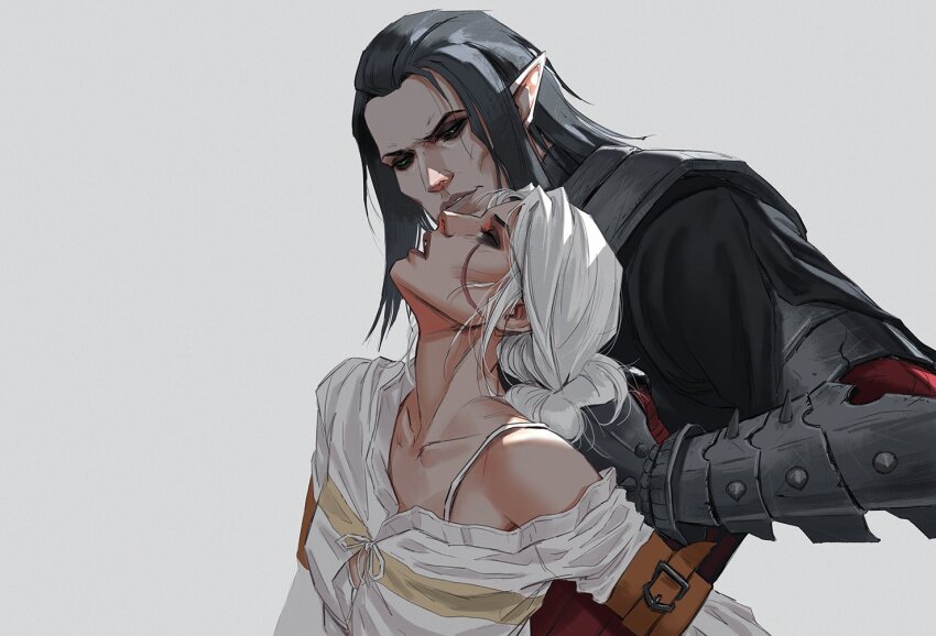 1boy 1girl aleksandra_skiba armor black_hair ciri elf eredin_breacc_glas grey_background open_mouth pointy_ears shirt simple_background the_witcher_(series) the_witcher_3 upper_body white_hair white_shirt