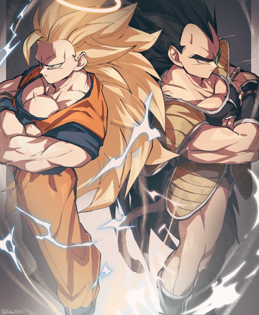 2boys absurdres armor aura black_hair blonde_hair brothers commentary_request crossed_arms dragon_ball dragonball_z electricity green_eyes halo highres large_pectorals long_hair male_focus monkey_tail multiple_boys muscular muscular_male no_eyebrows pectorals raditz roku_(roku_0141) saiyan_armor scouter shoulder_armor siblings son_goku super_saiyan super_saiyan_3 tail time_paradox traditional_halo twitter_username very_long_hair