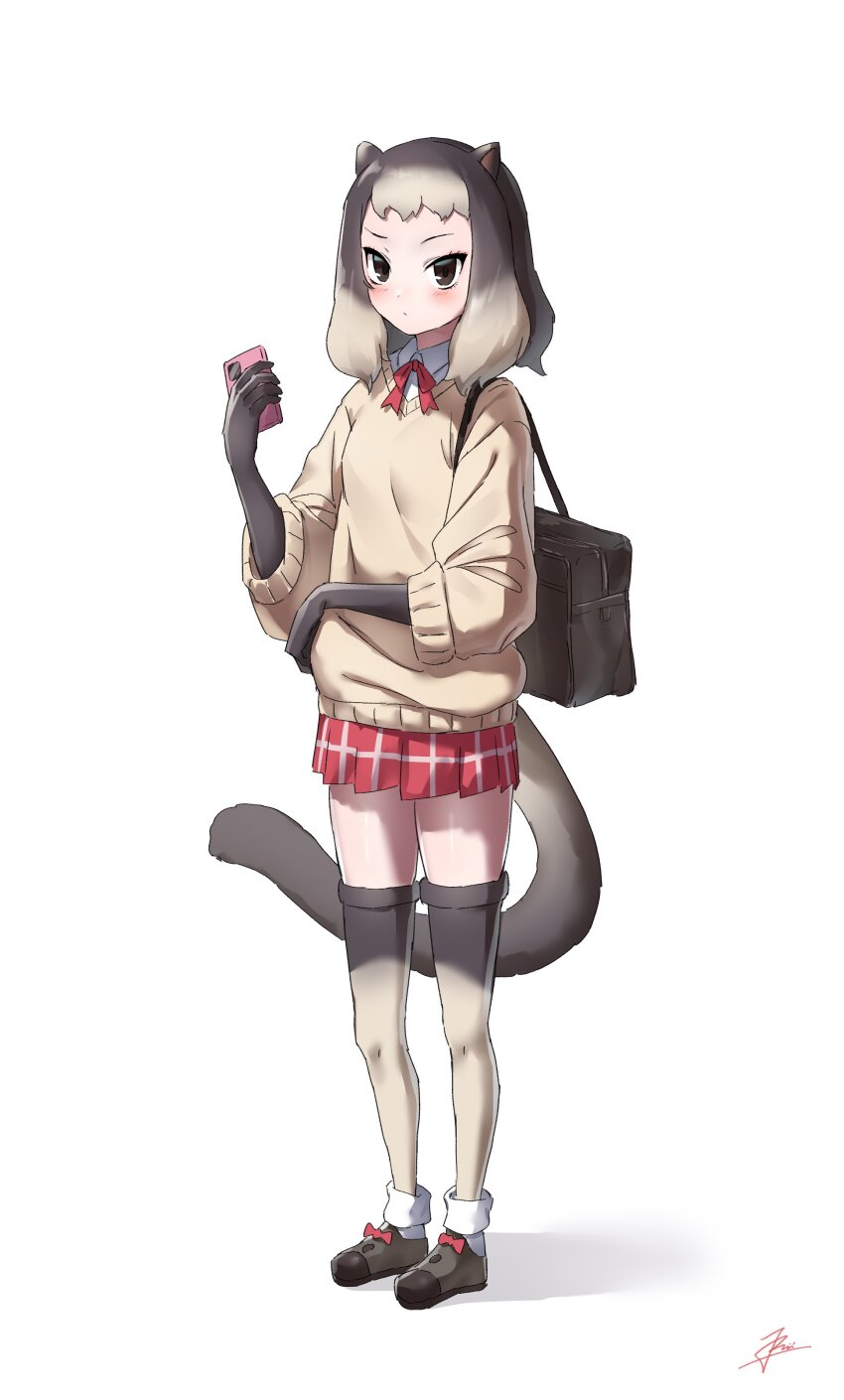 1girl absurdres alpine_marmot_(kemono_friends) animal_ears bag black_shoes blush bow bowtie brown_eyes brown_gloves brown_hair brown_sweater cellphone collared_shirt elbow_gloves footwear_bow full_body gloves grey_thighhighs highres kemono_friends long_sleeves looking_at_viewer mogurii multicolored_hair phone plaid_clothes plaid_skirt pleated_skirt red_bow red_bowtie school_bag school_uniform shirt shoes short_hair sidelocks skirt smartphone socks solo squirrel_ears squirrel_girl squirrel_tail sweater tail thighhighs two-tone_thighhighs white_shirt white_socks zettai_ryouiki
