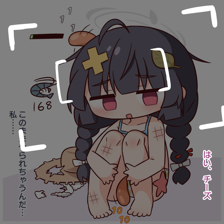 1girl ahoge barefoot bikini black_hair blue_archive blunt_bangs blush braid brown_hat commentary_request empty_eyes full_body grey_halo halo hana_kazari hat health_bar highres hugging_own_legs leaf leaf_on_head long_hair miyu_(blue_archive) miyu_(swimsuit)_(blue_archive) open_mouth scar scar_on_leg scar_on_shoulder shrimp sitting solo swimsuit translation_request twin_braids unworn_hat unworn_headwear viewfinder white_bikini
