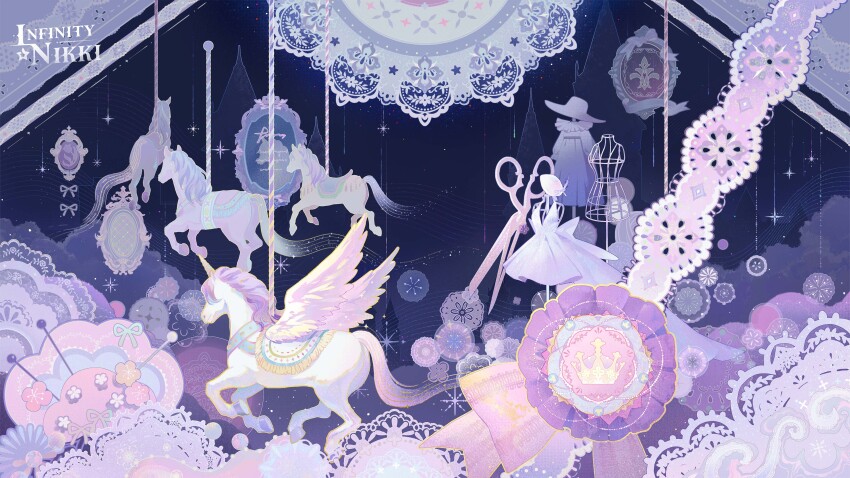 absurdres artist_request beret carousel copyright_name curtains dress hat hat_feather highres infinity_nikki lace light_particles logo mannequin mirror night night_sky nikki_(series) no_humans official_art official_wallpaper purple_theme ribbon scissors second-party_source sewing_pin sky star_(symbol) sun_hat unworn_dress unworn_hat unworn_headwear white_dress white_hat white_ribbon winged_unicorn