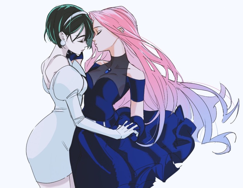 2girls alien_stage black_dress black_gloves blue_hair closed_eyes clothing_cutout commentary dress earrings elbow_gloves english_commentary gloves gradient_hair hairband holding_hands jewelry juliet_sleeves long_hair long_sleeves mizi_(alien_stage) multicolored_hair multiple_girls nessiesu off-shoulder_dress off_shoulder parted_lips pencil_dress pink_hair puffy_sleeves short_sleeves shoulder_cutout simple_background sphere_earrings sua_(alien_stage) two-tone_hair very_long_hair white_background white_dress white_gloves white_hairband yuri