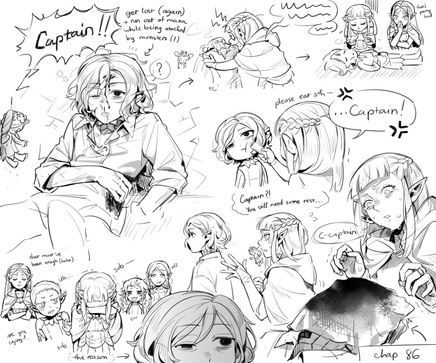 2boys 4girls bags_under_eyes blood blood_on_face braid bubuunn_0830 cithis cloak closed_eyes crying dungeon_meshi elf english_text facial_mark fairy_(dungeon_meshi) fleki forehead_mark gorget half_updo highres hood injury lazy_eye long_hair long_sleeves lycion mithrun monochrome multiple_boys multiple_girls multiple_scars multiple_views notched_ear one_eye_closed otta_(dungeon_meshi) pattadol pointy_ears scar short_hair speech_bubble sweat tongue tongue_out tunic uneven_eyes wavy_hair worried