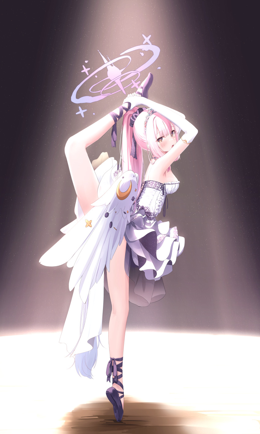 1girl absurdres angel_wings ballerina ballet ballet_slippers blue_archive breasts commentary_request crescent crescent_pin daran9 dress en_pointe feathered_wings full_body halo highres legs long_hair looking_at_viewer medium_breasts mika_(blue_archive) pink_hair pink_halo sidelocks solo tutu white_dress white_wings wings yellow_eyes
