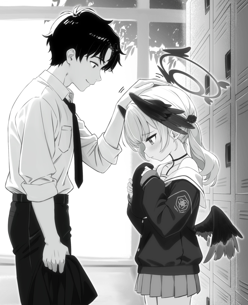 1boy 1girl arm_at_side backlighting black_choker black_hair black_necktie black_pants black_shirt black_wings blue_archive blush choker closed_mouth collared_shirt commentary_request cowboy_shot feathered_wings from_side greyscale hair_between_eyes halo hand_up hands_up hat head_wings headpat highres holding holding_unworn_clothes holding_unworn_hat koharu_(blue_archive) looking_at_another looking_down low_twintails low_wings medium_hair miniskirt monochrome motion_lines mutsuse necktie no_headwear pants pleated_skirt profile sailor_collar school_uniform sensei_(blue_archive) serafuku shirt short_hair shy single_bare_shoulder skirt sleeves_past_wrists smile tsurime twintails unworn_hat unworn_headwear white_sailor_collar white_shirt wings