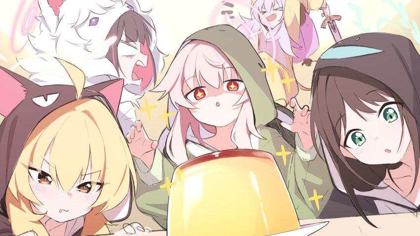 5girls absurdres airi_(blue_archive) alternate_costume angry animal_hood antenna_hair aqua_eyes blonde_hair blue_archive cosplay fate/grand_order fate_(series) food fou_(fate) fou_(fate)_(cosplay) halo highres hood hoodie kazusa_(blue_archive) long_hair looking_at_another mmhomm multiple_girls pink_hair pudding red_eyes reisa_(blue_archive) sword twitter upper_body weapon yellow_eyes yoshimi_(blue_archive)