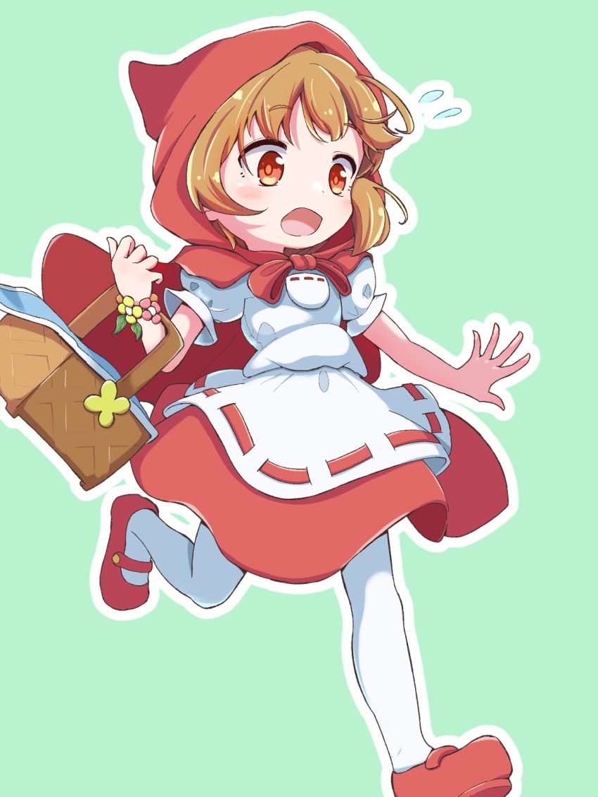 1girl apron basket bracelet brown_hair elbow_carry flower_bracelet flying_sweatdrops green_background highres holding holding_basket jazz_grace jewelry outline pantyhose puffy_short_sleeves puffy_sleeves puyopuyo puyopuyo_quest rebecca_(puyopuyo_quest) red_footwear red_hood red_skirt running shirt short_sleeves skirt solo waist_apron white_apron white_outline white_pantyhose white_shirt