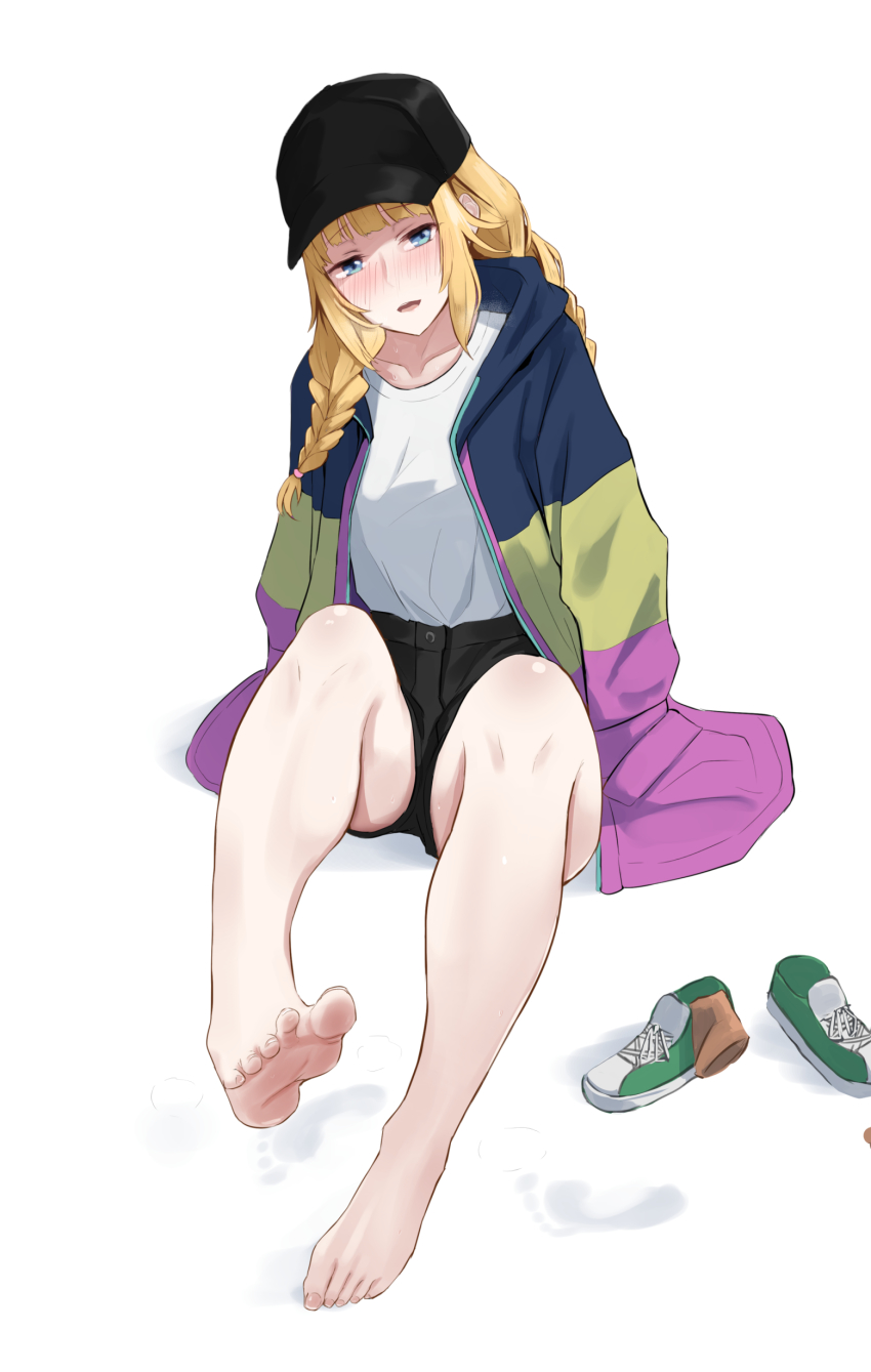 1girl absurdres barefoot baseball_cap blonde_hair blue_eyes blush braid casual foot_focus foreshortening hat highres jacket long_hair paripi_koumei shoes shorts simple_background sitting socks soles solo spread_toes toes tsukimi_eiko twin_braids unworn_shoes unworn_socks white_background yilan_un