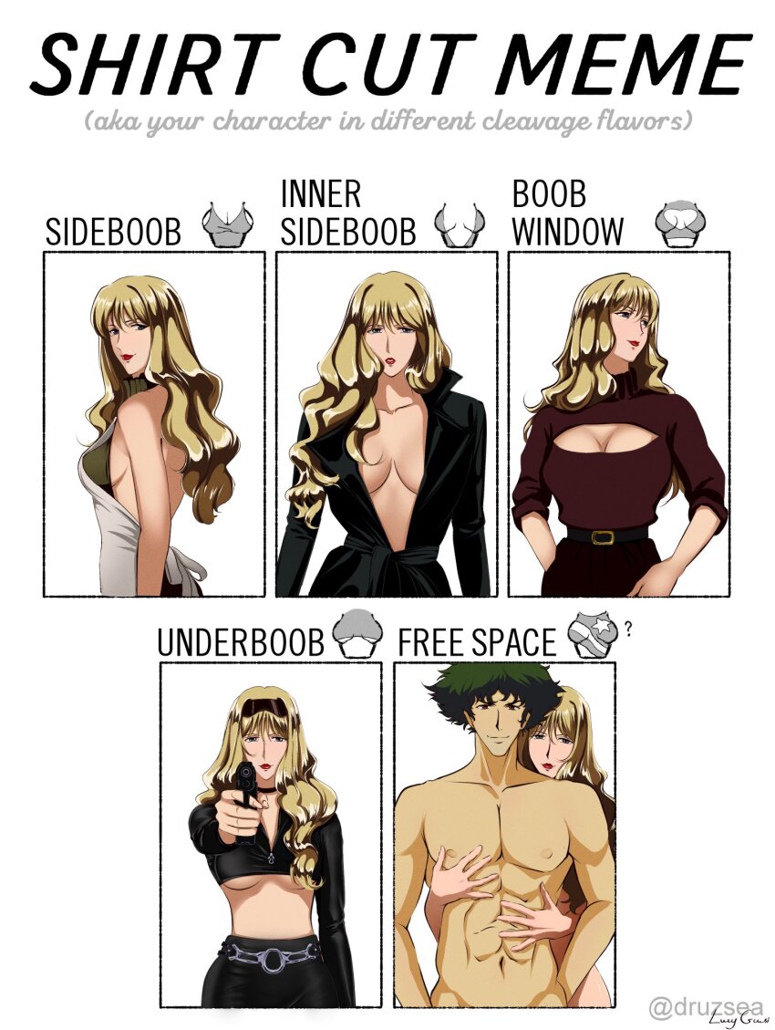 1boy 1girl abs aiming aiming_at_viewer apron artist_name black_choker black_jacket black_pants blonde_hair breasts choker cleavage cleavage_cutout clothing_cutout coat commentary cowboy_bebop cropped_jacket english_commentary eyewear_on_head green_hair gun hair_between_eyes halterneck handgun highres holding holding_gun holding_weapon hug hug_from_behind jacket julia_(cowboy_bebop) long_hair lucyguusi multiple_drawing_challenge multiple_views pants plunging_neckline popped_collar red_lips red_sweater shirt_cut_meme short_hair sideboob sleeves_rolled_up smile spike_spiegel sunglasses sweater topless_male trench_coat twitter_username underboob upper_body wavy_hair weapon white_apron