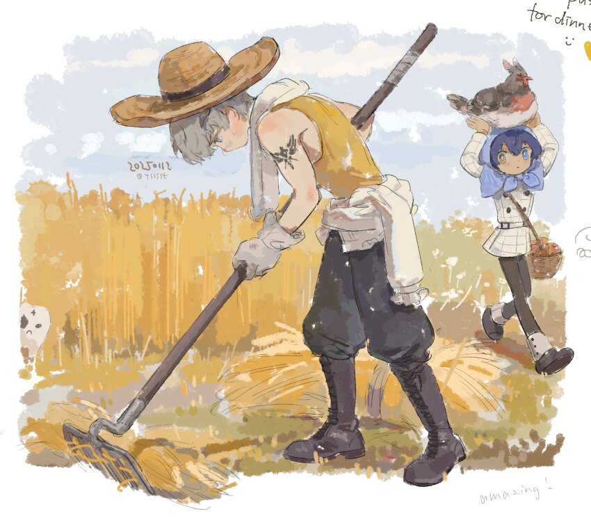 2boys 4sssst animal apple arm_tattoo arms_up basket bird black_pants blue_eyes blue_hair boots clothes_around_waist dated day farming food fruit gloves grey_hair hat hay heterochromia highres holding holding_animal holding_bird homo_tenta horns jacket male_focus metaphor:_refantazio multiple_boys outdoors pants protagonist_(metaphor:_refantazio) standing strohl_(metaphor:_refantazio) sweat tattoo twitter_username yellow_eyes