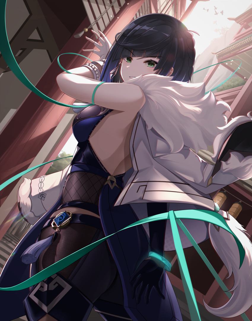 1girl absurdres architecture black_gloves black_hair black_pantyhose blue_dress blue_hair bob_cut bracelet breasts dress east_asian_architecture elbow_gloves feather-trimmed_jacket fingerless_gloves genshin_impact gloves green_eyes green_ribbon highres jacket jacket_on_shoulders jewelry large_breasts looking_at_viewer multicolored_hair outdoors pantyhose parted_lips ribbon short_hair single_elbow_glove sleeveless sleeveless_dress smile solo two-tone_hair vision_(genshin_impact) white_gloves white_jacket winterlime12 yelan_(genshin_impact)