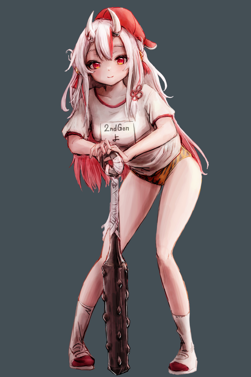 1girl absurdres alternate_costume baseball_cap bell club club_(weapon) hair_between_eyes hair_between_horns hat highres hololive horns kanabou long_hair looking_at_viewer multicolored_hair nakiri_ayame nymph_rhythm oni red_eyes red_hair ribbon shirt shoes simple_background skin-covered_horns smile sneakers socks solo sportswear virtual_youtuber weapon white_hair white_shirt