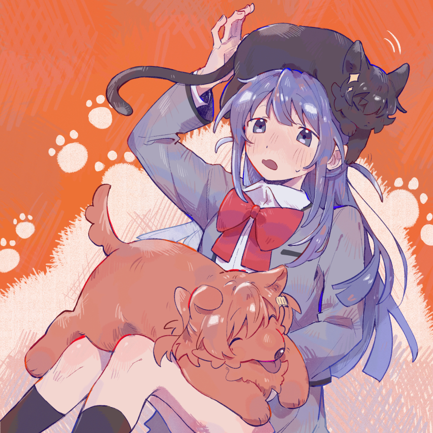 1girl ^_^ aijou_karen animal animal_on_head animal_on_lap animalization arm_up black_cat black_socks blunt_bangs blunt_ends blush bow bowtie breast_pocket brown_dog cat cat_on_head chinese_commentary closed_eyes closed_mouth collared_shirt commentary_request crown_hair_ornament dog dog_on_lap feet_out_of_frame grey_jacket grey_skirt hair_ornament hairclip highres jacket kagura_hikari kneehighs knees_up long_hair long_sleeves looking_at_animal looking_down miniskirt motion_lines nose_blush on_head on_lap open_clothes open_jacket open_mouth orange_background paw_print paw_print_background pleated_skirt pocket purple_eyes purple_hair red_bow red_bowtie rei931218 school_uniform seishou_music_academy_uniform shirt shoujo_kageki_revue_starlight sidelocks sitting skirt socks solo sparkle_hair_ornament sweatdrop tongue tongue_out tsuyuzaki_mahiru two-tone_background two_side_up very_long_hair wavy_mouth white_background white_shirt