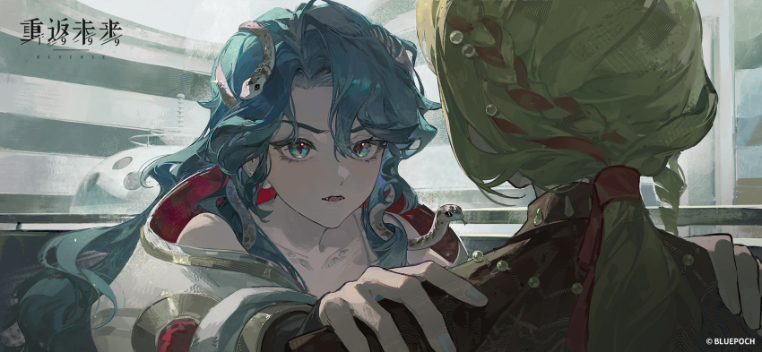 2girls backlighting bare_shoulders blonde_hair blue_hair brown_dress collarbone copyright_name copyright_notice dress facing_another fang green_eyes hair_ribbon hallway hand_up hands_on_another&#039;s_shoulders highres hissabeth kiperina logo long_hair looking_at_another low_ponytail multiple_girls official_art official_wallpaper open_mouth ponytail red_pupils red_ribbon reverse:1999 ribbon slit_pupils snake snake_on_head upper_body v-shaped_eyebrows