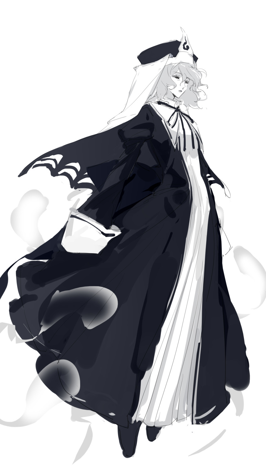 1girl absurdres argon_(caocaocaocaocao) chinese_commentary closed_mouth commentary_request dress full_body greyscale highres juliet_sleeves koumajou_densetsu koumajou_densetsu_2 long_dress long_sleeves medium_hair monochrome neck_ribbon puffy_sleeves ribbon saigyouji_yuyuko sketch sleeves_past_fingers sleeves_past_wrists solo touhou veil white_background