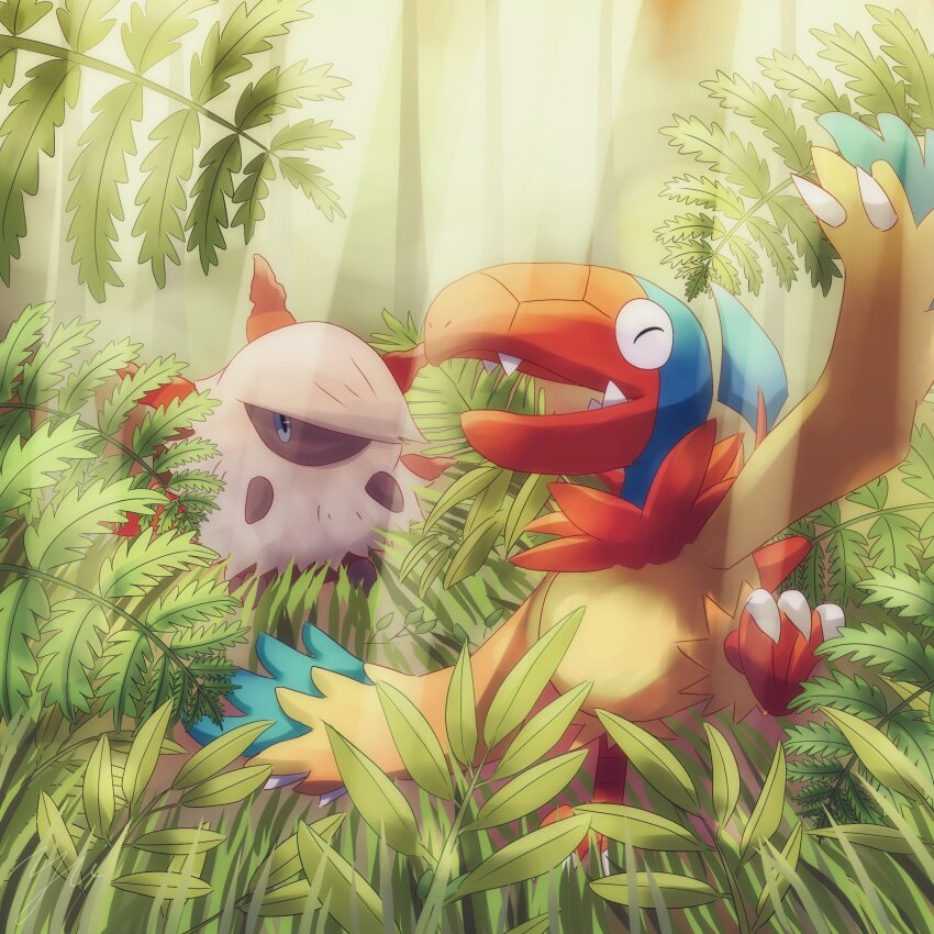 absurdres animal_focus archen bird bug claws closed_eyes commentary_request fangs feathered_wings forest gen_5_pokemon grass highres larvesta light_rays nature nintendo no_humans open_mouth plant pokemon pokemon_(creature) sunbeam sunlight talons wings yu_(pocketsun636)