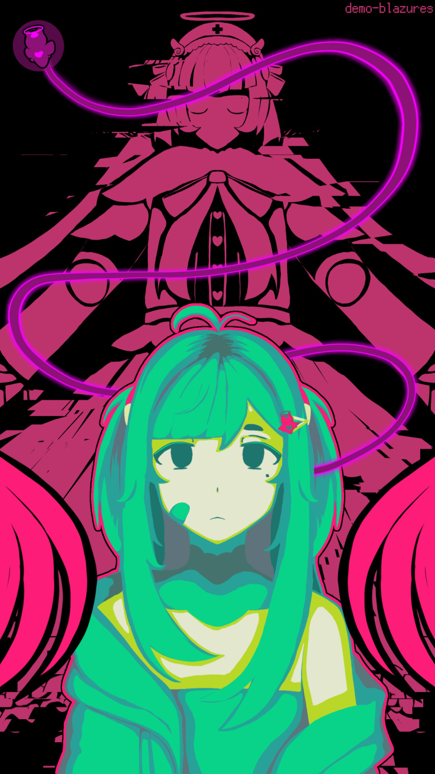 2girls ai-chan_(love_angel_syndrome) bandage_on_face bandages black_background black_eyes blunt_bangs bow chest_bow chibi chibi_inset deadeyeacotto detached_collar dress empty_eyes exhausted ghost_hair_ornament green_hair green_shirt hair_bow halo hat highres ibispaint_(medium) jacket jacket_on_shoulders joints limited_palette looking_at_another looking_at_viewer love_angel_syndrome milk_inside_a_bag_of_milk_inside_a_bag_of_milk mole mole_under_eye multiple_girls multiple_hair_bows nurse_cap outstretched_arms pink_dress robot_joints shirt short_twintails sidelocks silhouette twintails upper_body winged_sleeves yuuna_(love_angel_syndrome)