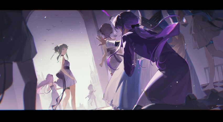 2boys 6+girls absurdres aqua_hair barefoot black_footwear blood bloody_knife bloody_weapon blue_dress blurry blurry_foreground boots building castle checkered_floor crossdressing curly_hair dagger depth_of_field dress dutch_angle evillious_nendaiki fleeing green_hair grim_the_end gumi gumina_glassred hand_on_own_chest hatsune_miku highres holding holding_dagger holding_knife holding_weapon holding_wig huz_(a1438758295) jacket kaito_(vocaloid) kamui_gakupo karchess_crim knee_boots kneeling knife long_hair looking_back lukana_octo mansion megurine_luka mikulia_calgaround multiple_boys multiple_girls outstretched_arm pants petticoat pink_hair ponytail purple_blood purple_dress purple_hair purple_jacket sateriasis_venomania short_hair side_ponytail turning_head twintails unworn_wig venomania_kou_no_kyouki_(vocaloid) vessel_of_sin vocaloid wavy_hair weapon white_pants wig