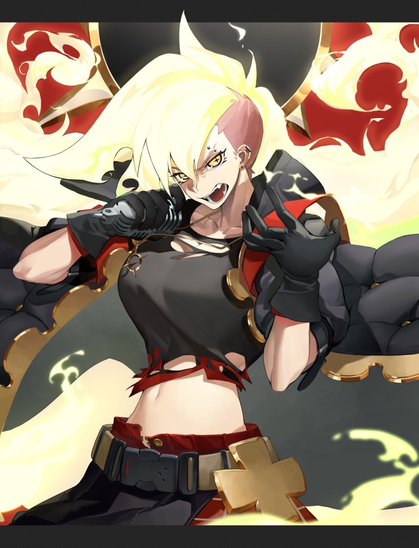 +_+ 1girl alchemy_stars belt black_coat black_gloves black_shirt blonde_hair breasts buckle coat ear_piercing eyebrow_piercing face_piercing fangs fiery_hair fire gloves hands_up highres holding holding_microphone jewelry large_breasts letterboxed looking_at_viewer microphone midriff navel necklace open_clothes open_coat open_mouth piercing regina_(alchemy_stars) shirt short_sleeves sinnbunn snap-fit_buckle solo torn_clothes torn_shirt undercut upper_body v-shaped_eyebrows yellow_eyes
