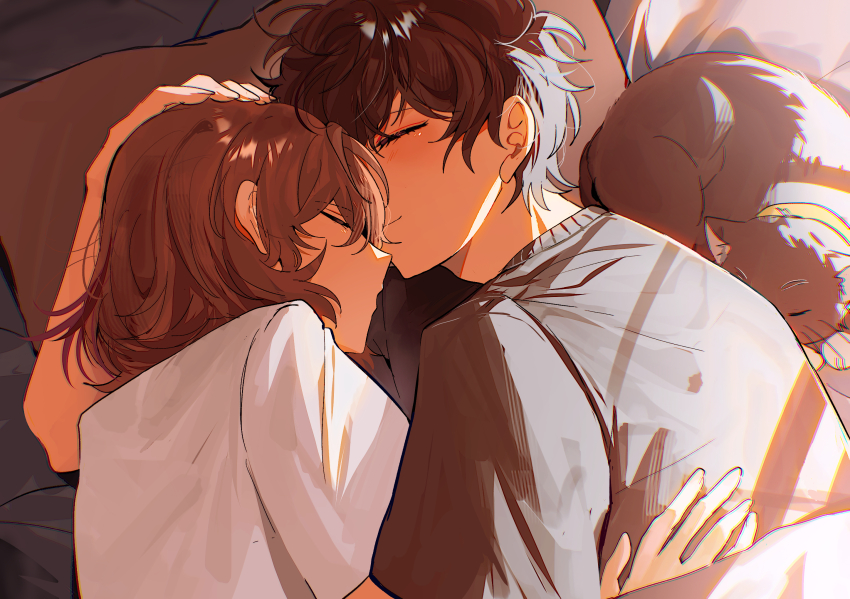 2boys akechi_gorou amamiya_ren black_cat black_hair black_shirt brown_hair cat closed_eyes closed_mouth cuddling dappled_sunlight fsmaichobpeg0 hand_on_another&#039;s_back hand_on_another&#039;s_head head_on_pillow highres indoors lying male_focus messy_hair morgana_(cat)_(persona_5) morgana_(persona_5) multiple_boys on_bed on_side persona persona_5 pillow shared_pillow shirt short_hair short_sleeves sleeping sleeping_animal sunlight t-shirt upper_body white_shirt yaoi