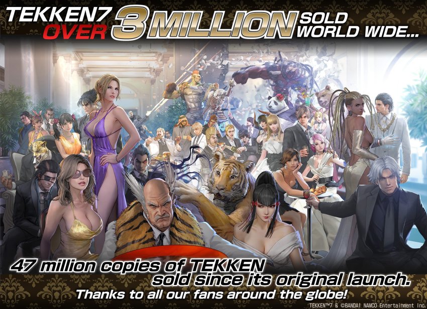 6+girls alcohol alisa_boskonovich animal animal_head animal_print arabian_clothes arch architecture artist_request bald bare_shoulders beard belt black_dress black_hair black_neckwear black_shirt black_suit blonde_hair bob_(tekken) breasts brown_hair bryan_fury celebration chair claudio_serafino claws cleavage closed_mouth cocktail_dress collarbone collared_shirt commentary cup dark_skin debris demon_horns dreadlocks dress drinking_glass eating eddy_gordo elbow_gloves eliza_(tekken) emilie_de_rochefort english_commentary everyone eyepatch facial_hair facing_viewer fat fat_man feng_wei food formal_clothes gatling_gun gigas_(tekken) glass gloves gold_dress grey_hair grey_suit grin gun_jack hair_ornament hair_slicked_back hand_on_own_cheek hand_on_own_face high_ceiling high_heels highres horns indoors jaguar jewelry josie_rizal katarina_alves kazama_asuka kazama_jin keffiyeh king_(tekken) kuma_(tekken) large_breasts lars_alexandersson lee_chaolan legs leo_kliesen ling_xiaoyu lips long_hair looking_at_viewer looking_back looking_to_the_side lucky_chloe makeup marshall_law master_raven medium_breasts miguel_caballero_rojo minigun mishima_heihachi mishima_kazumi_(tekken) mishima_kazuya multiple_boys multiple_girls muscular mustache necklace nina_williams off-shoulder_dress off_shoulder official_art orange_dress pale_skin panda_(tekken) parted_lips party paul_phoenix pillar pink_hair pizza plant ponytail poster_(medium) purple_dress red_eyes sash scar scarf sergei_dragunov shaheen shirt short_hair side_slit sideboob sidelocks sitting smile smirk standing steve_fox suit sunglasses table tattoo tekken tekken_7 thighs tiger tiger_print twintails vampire vaulted_ceiling white_dress white_suit wine wine_glass yellow_dress yoshimitsu_(namco)