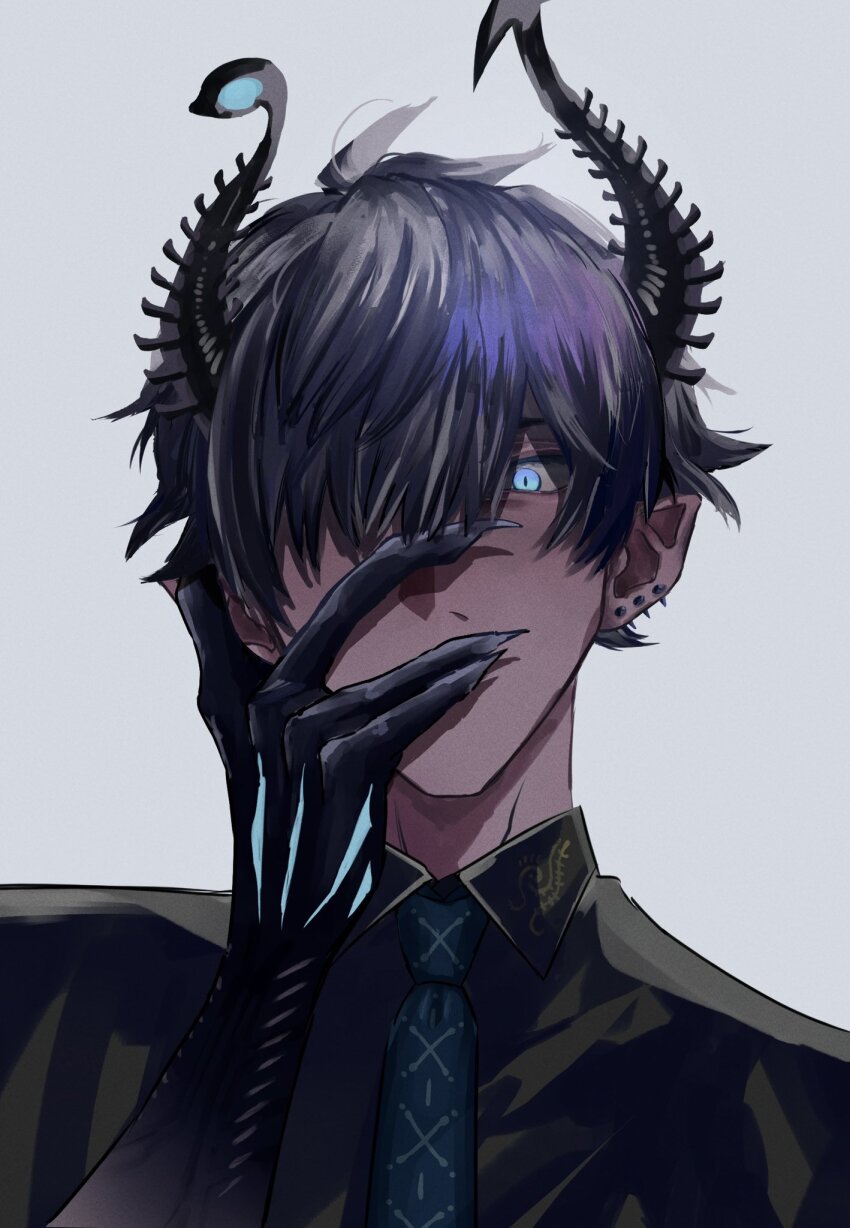 1boy aqua_eyes asymmetrical_horns black_hair black_horns black_shirt blue_necktie collared_shirt colored_extremities commentary earrings english_commentary fingernails grey_background hair_over_one_eye hand_on_own_face highres horns jewelry killtm0716 male_focus multiple_earrings necktie nijisanji nijisanji_en one_eye_covered piercing pointy_ears ren_zotto sharp_fingernails shirt simple_background solo uneven_horns upper_body virtual_youtuber wing_collar