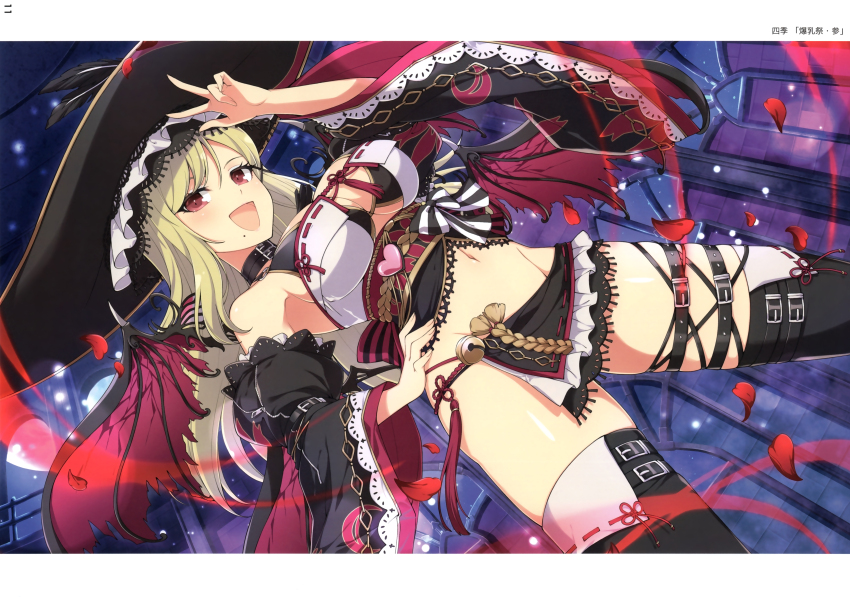 1girl :d absurdres black_hat black_sleeves blonde_hair boots breasts crop_top demon_wings detached_sleeves fake_wings groin hair_ornament hairclip hand_on_own_hip hands_on_own_hips hat highres large_breasts light_blush loincloth looking_at_viewer magazine_scan mole mole_under_mouth navel non-web_source official_alternate_costume official_alternate_hairstyle official_art open_mouth peace_symbol red_eyes scan senran_kagura senran_kagura_new_link shiki_(senran_kagura) skull_print smile solo sombrero thigh_boots wings