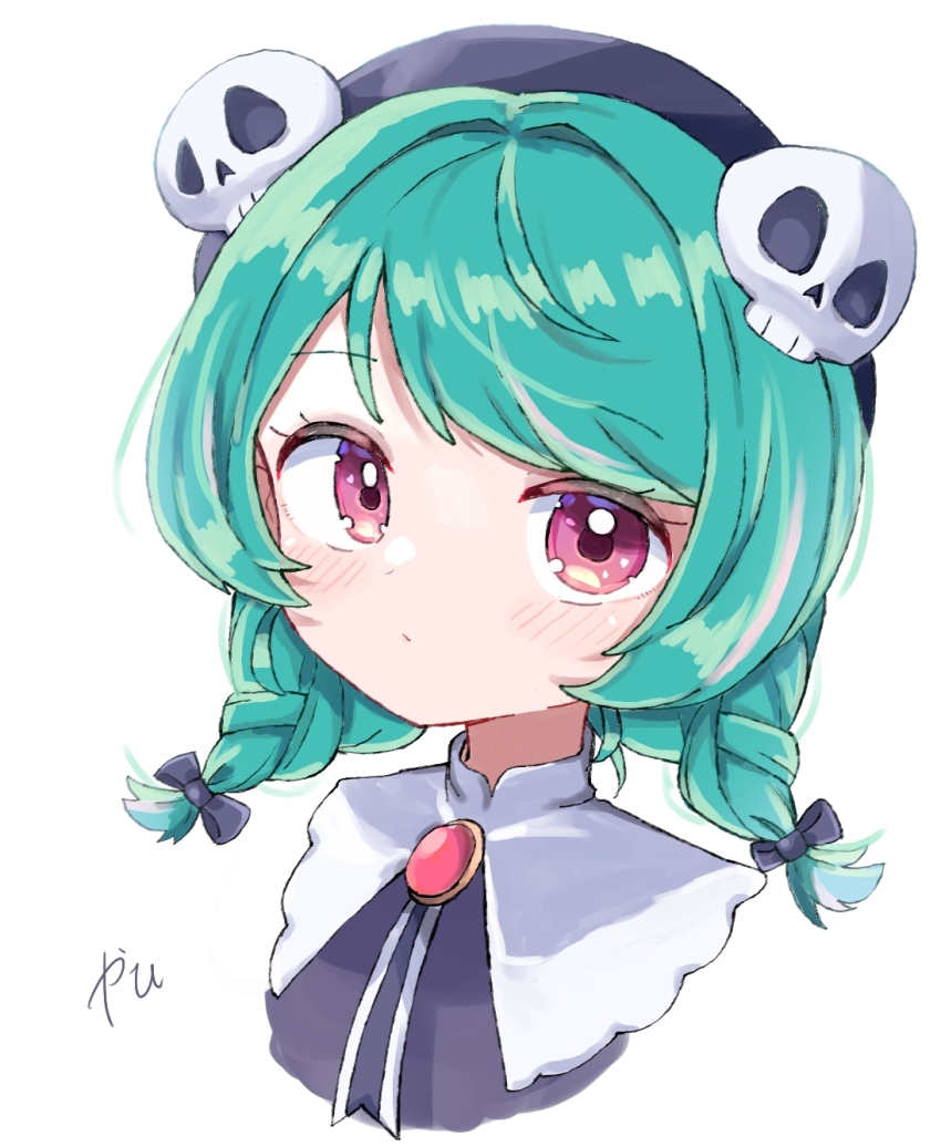 1girl black_bow black_hat bow braid capelet closed_mouth commentary_request grey_hair hair_bow hat hat_ornament highres indie_virtual_youtuber light_blush long_hair looking_at_viewer portrait red_eyes saeki_yahiro sasugane_watashi signature simple_background skull_hat_ornament solo twin_braids virtual_youtuber white_background white_capelet