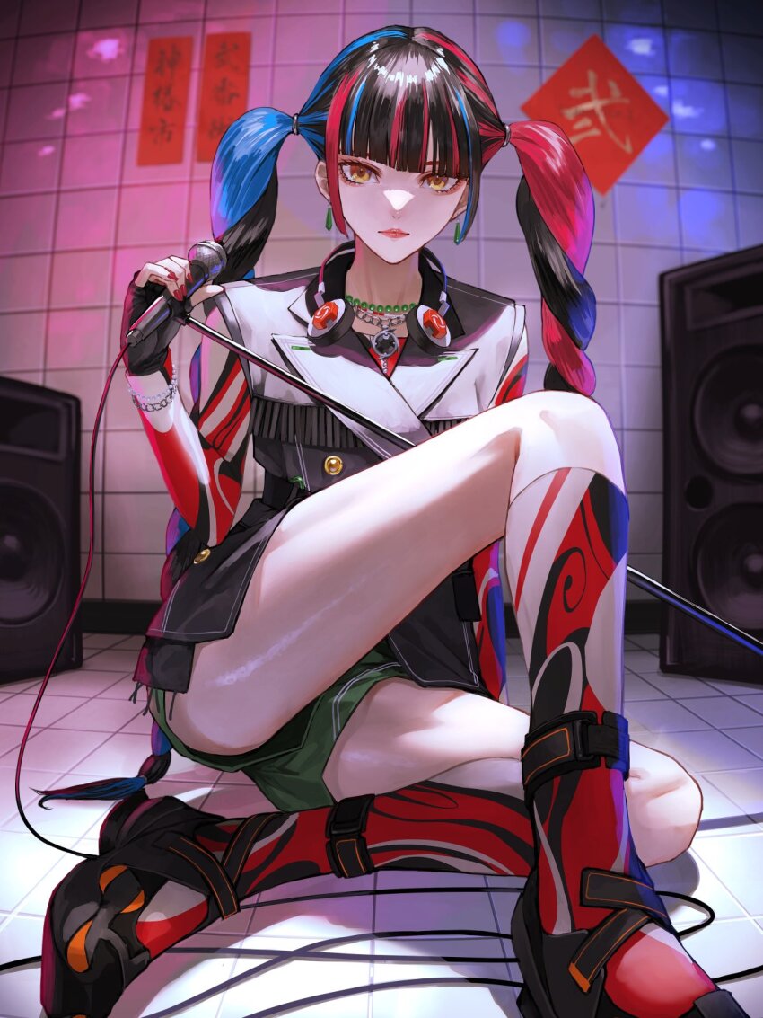 1girl arm_support beads black_gloves black_hair black_vest blue_hair blunt_bangs bracelet buttons commentary_request double-breasted earrings eyelashes eyeshadow fingerless_gloves floating_earring gloves green_shorts harusaruhi headphones headphones_around_neck highres holding holding_microphone_stand jewelry kamitsubaki_studio kaoming knee_up lapels long_hair looking_at_viewer makeup microphone microphone_stand multicolored_hair multicolored_sleeves multicolored_socks necklace notched_lapels official_alternate_costume official_alternate_hairstyle on_floor pendant red_eyeshadow red_hair red_lips red_nails sandals shaded_face short_shorts shorts sidelocks sitting socks solo sports_sandals streaked_hair subwoofer thighs twintails vest virtual_youtuber yellow_eyes